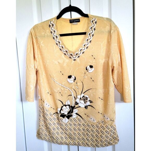 TC Fashion Women's Medium Yellow VTG BLING Blouse‎ SS (Has Pulls) See Photos - Picture 1 of 10